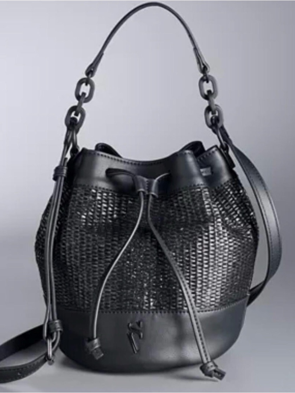Simply Vera Vera Wang Black Woven Drawstring Bucket Bag vegan leather